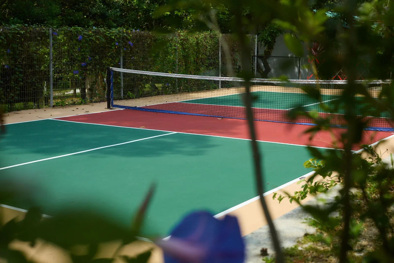 Pickleball court seen through the garden